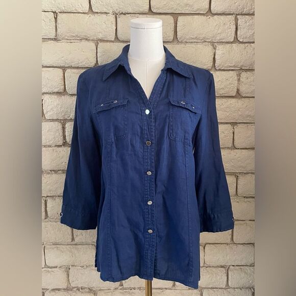 JM Collection Deep Blue Button-Down Shirt - Picture 1 of 6